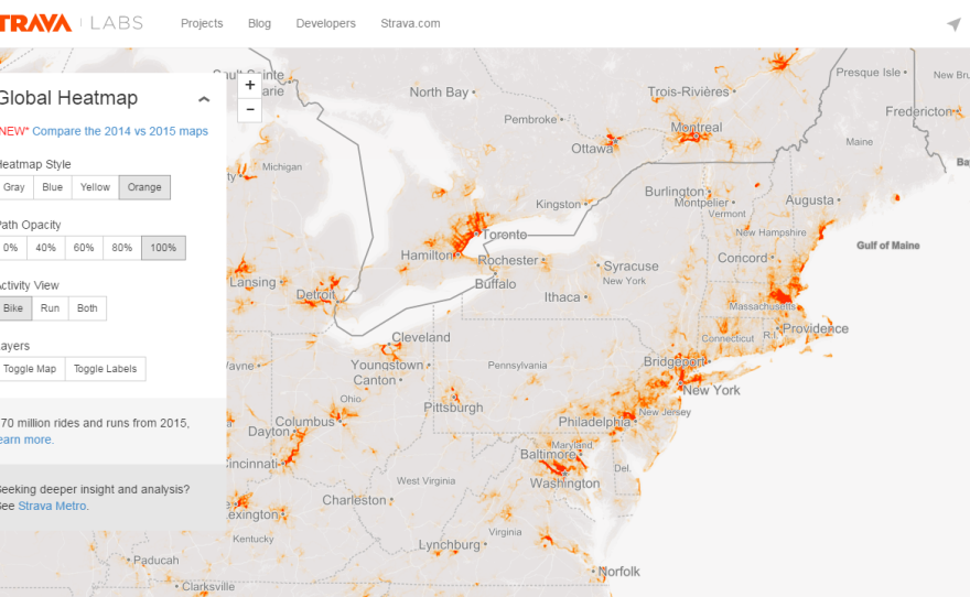 A screenshot from the Strava Labs website shows the visualization of biking activity data around the world. The Strava Global Heatmap is free of charge for advocacy organizations and the general public to access online.