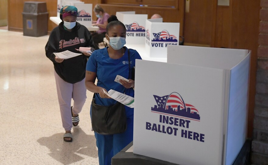 Voters cast their ballots in Missouri's primary election on August 4, 2020 at Gambrinus Hall in St Louis, Missouri. In November, voters will decide on Amendment 3 which would change the state's approach to redistricting.