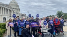 Senior citizens gathered outside the U.S. Capitol on April 28, 2026, to advocate for Temporary Protected Status for immigrant caretakers.
