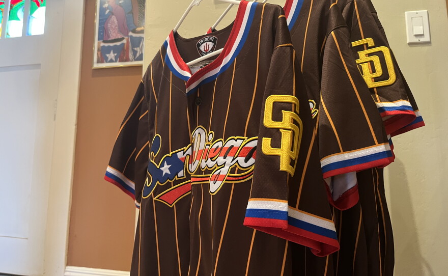 A Puerto Rico inspired Padres jersey hangs inside the House of Puerto Rico in Balboa Park on Aug. 19, 2026.