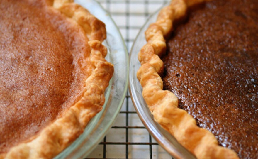 A Northeastern Bakewell Pie (left) and Western Chocolate Raisin Pie cool on author Adrienne Kane's Connecticut kitchen counter.