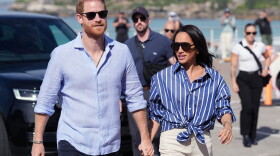 FILE - Prince Harry, and Meghan, the Duke and Duchess of Sussex, arrive for an event, during a visit to Bondi Beach, Australia, April 17, 2026.