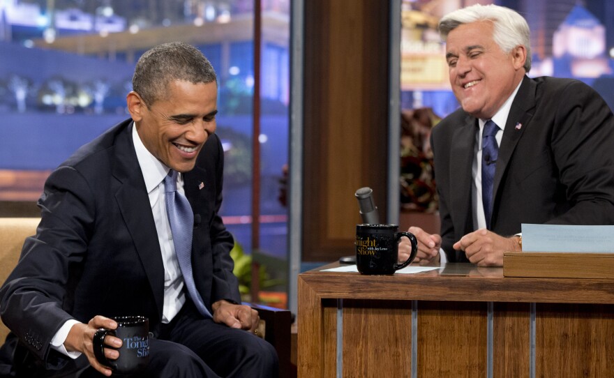 President Obama jokes with Jay Leno during a commercial break during the taping of his appearance on "The Tonight Show with Jay Leno," Tuesday in Los Angeles.