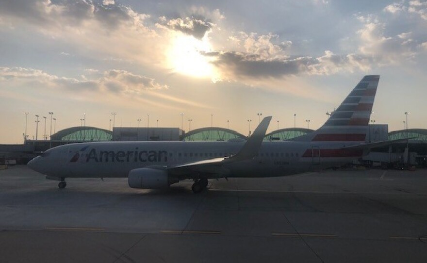 An American Airlines plane grounded at O'Hare International Airport. Chicago in April.