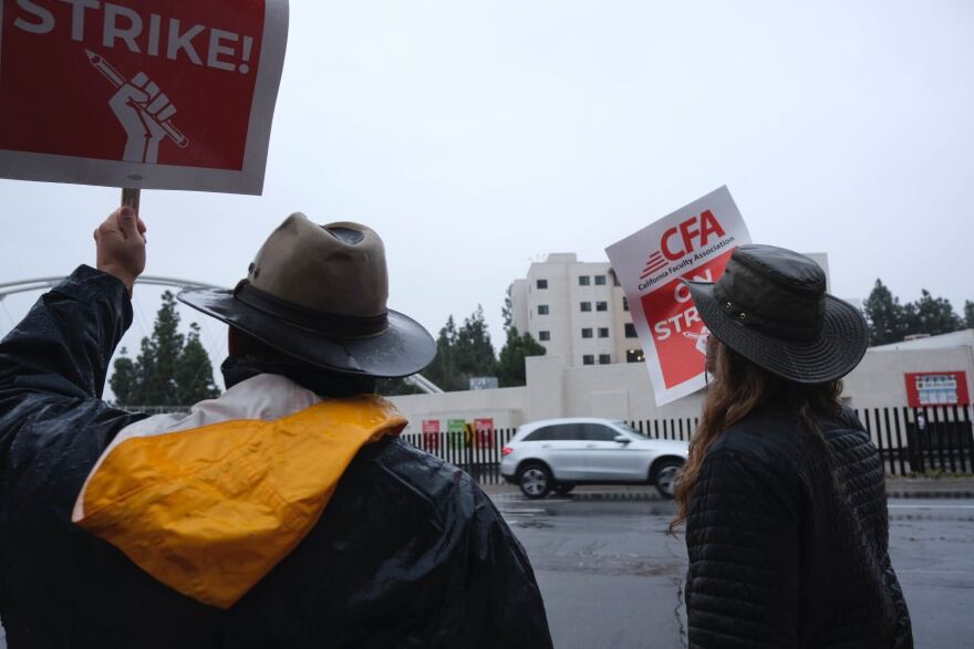 Members of California Faculty Association — the union representing some 29,000 professors, lecturers, librarians, counselors and coaches across the 23- campus CSU system — strike at SDSU. San Diego, Calif. Jan. 22, 2024.
