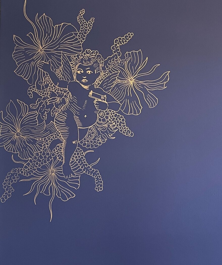 An in-progress mural installation by artist Hugo Crosthwaite is shown on Aug. 2, 2024. The golden drawing will eventually surround a large canvas work of art