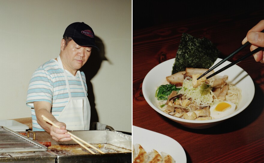 Ka Chen fries agedashi tofu by hand at Ota Tofu. Marukin Ramen, a few blocks away, uses the agedashi as a topping in their ramen.