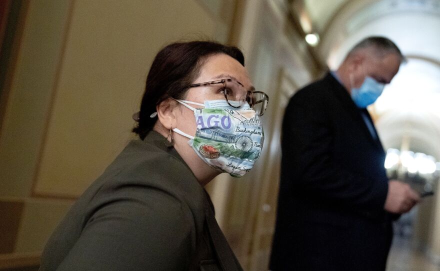 Sen. Tammy Duckworth, D-Ill., seen here at the U.S. Capitol on Feb. 13, has said she'll vote no on President Biden's nominees until he commits to making more AAPI appointments.