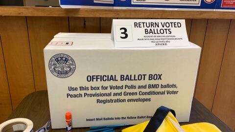 Ballot boxes at the East San Diego Masonic Temple in San Carlos on Mar. 3, 2020.