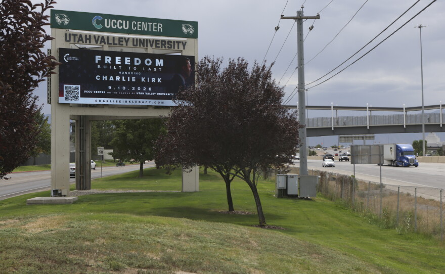 A campus billboard advertises a memorial for Charlie Kirk on the campus of Utah Valley University in Orem, Utah.