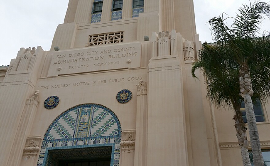 A closeup is shown of the entrance to the County Administration Building in downtown San Diego, June 27, 2015.