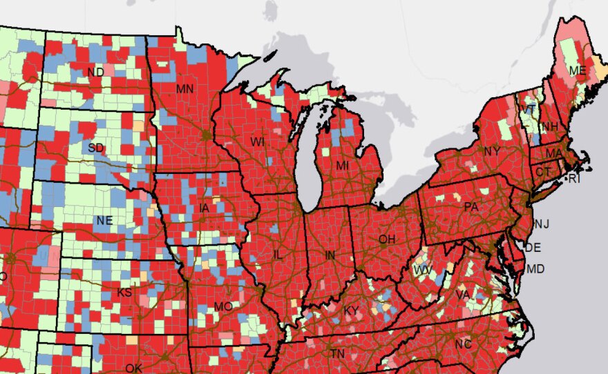 This map highlights what the government considers areas of concern around the country. Red counties are "sustained hotspots," with high sustained coronavirus caseloads and higher risk of health care capacity issues.