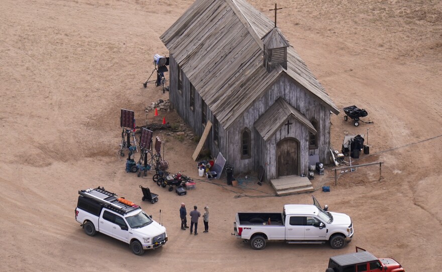 This aerial photo shows part of the Bonanza Creek Ranch film set in Santa Fe, N.M., Oct. 23, 2021.