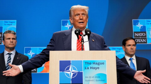 President Donald Trump speaks during a media conference at the end of the NATO summit as Secretary of State Marco Rubio, right, and Defense Secretary Pete Hegseth listen in The Hague, Netherlands, June 25, 2025.