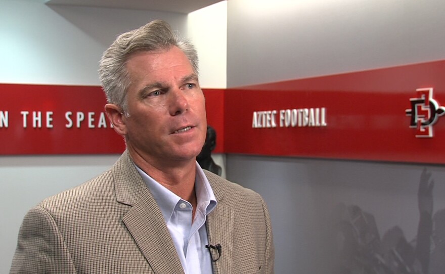 San Diego State Sports Properties Vice President and General Manager Duke Little gives an update on the naming process for Qualcomm Stadium in an interview at San Diego State. September 6, 2017.