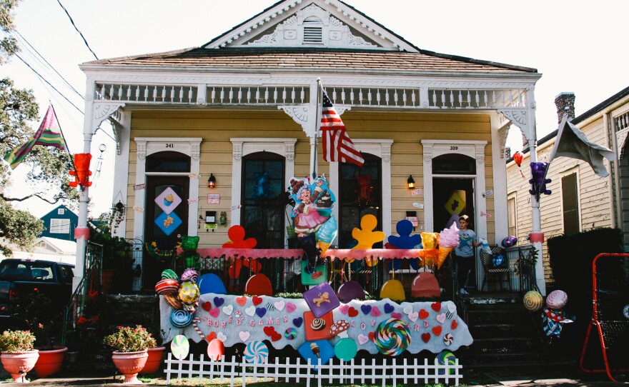 The "Candyland" themed house float of Chrissy Whalin and her 12-year-old son Zephyr Cooke is one of more than a hundred in the Algiers Point neighborhood of New Orleans.
