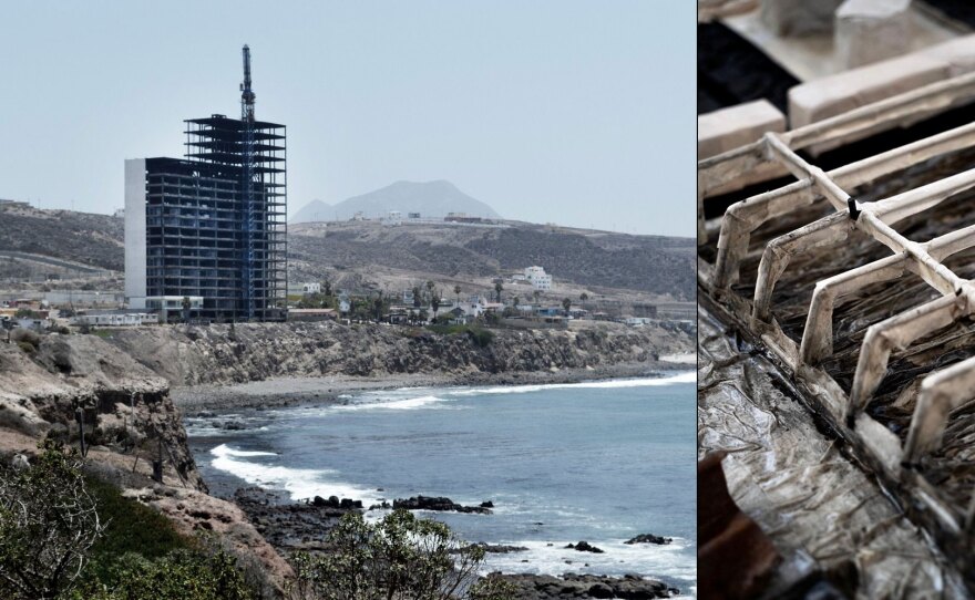 At left, a stalled high-rise construction project is shown near Rosarito, Mexico in an undated photo. At right, Alvaro Alvarez's art work from the series "46 Renacimientos" depicts the same building in a sculptural painting.