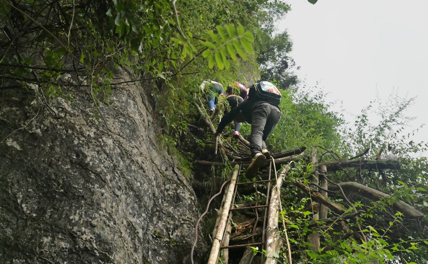 Ethnic Yi schoolchildren make the descent from their homes in Atule'er village to school for the first day of a new semester. Steel cables and a rope help stabilize the climb down a makeshift wood and metal ladder. In some places on the mountain, there are little more than branches or clumps of grass to hold. Several people have fallen to their deaths in recent years.