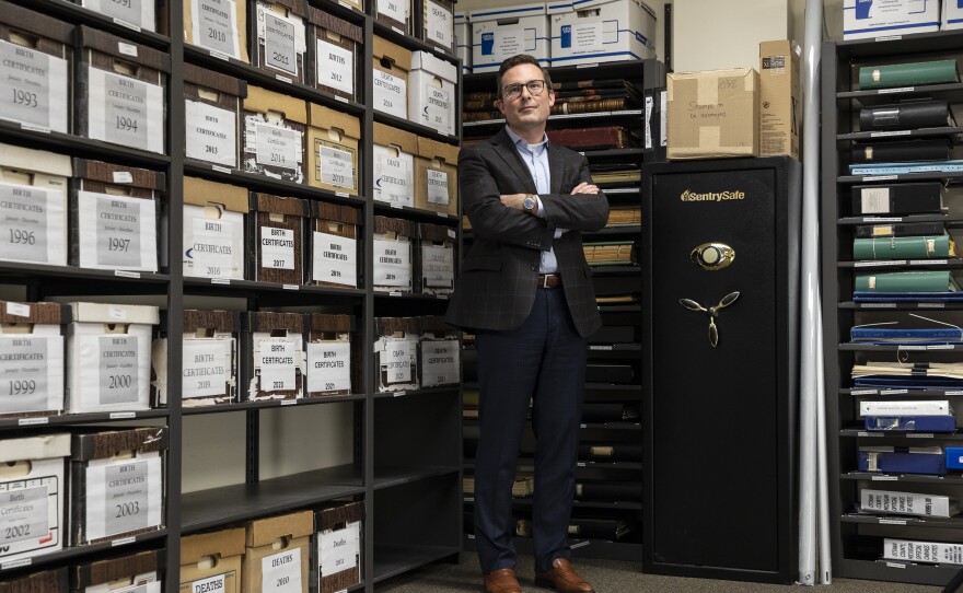 Ottawa County Clerk and Register of Deeds, Justin Roebuck, surveys the records room in West Olive, Michigan.