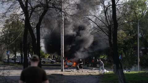 This photo provided by Ukraine's 93rd Kholodnyi Yar Separate Mechanized Brigade press service, shows the site of an aerial guided bomb strike after Russia's air attack in Kramatorsk, Donetsk region, Ukraine, Tuesday, May 5, 2026.
