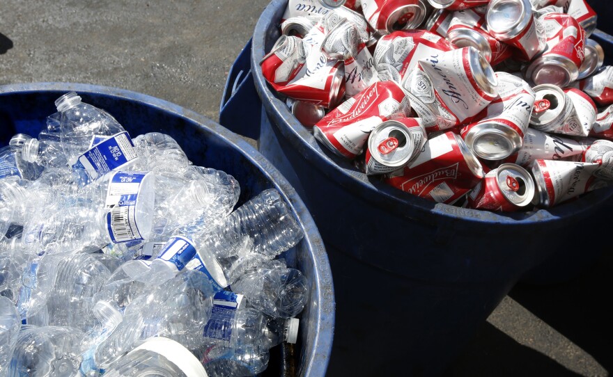 In this July 5, 2016, file photo, cans and plastic bottles brought in for recycling are seen at a recycling center in Sacramento, Calif.