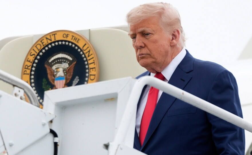 FILE - President Donald Trump arrives on Air Force One at Hagerstown Regional Airport, in Hagerstown, Md., en route to Camp David, Md., June 8, 2025.