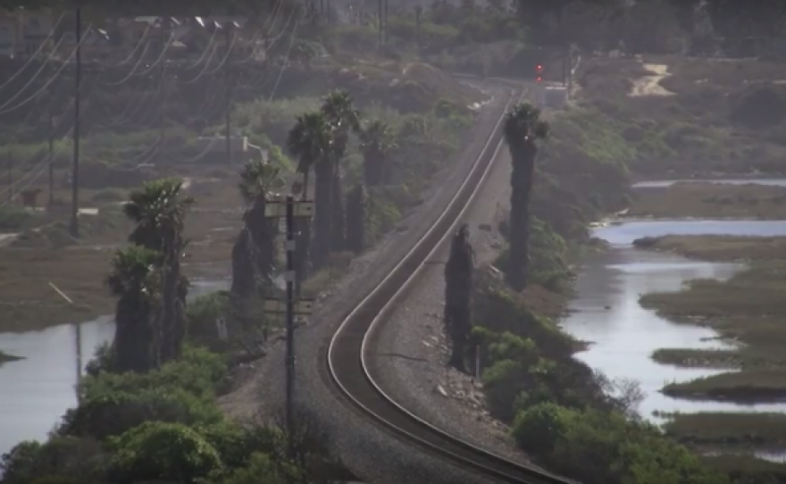 The existing single track rail line across the San Elijo lagoon
