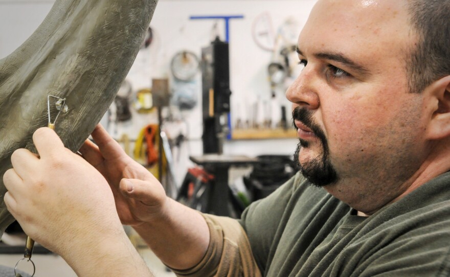Taxidermist George Dante sculpts the musculature of the neck of a giant Galapagos tortoise.