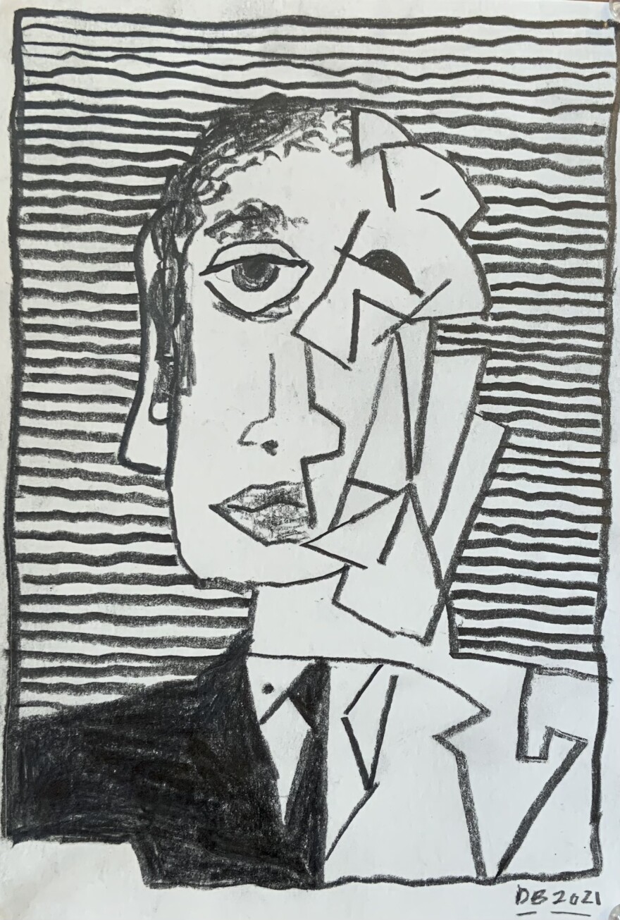 Artist Derek Boshier's "Cubist Historian" is part of his exhibition, "Occupations," on view at the Athenaeum Music & Arts Library beginning Sept. 9, 2022.