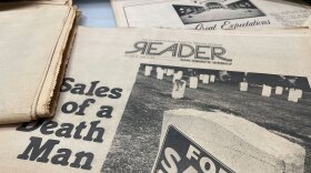 The June 15, 1978 issue of the San Diego Reader is shown in their office in Golden Hill on Feb. 18, 2025. The newspaper cover headline says "Sales of a Death Man" and shows a photo of a gravestone with a For Sale sign.