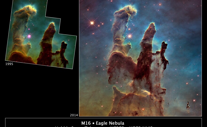 Astronomers using NASA's Hubble Space Telescope have assembled a bigger and sharper photograph of the iconic Eagle Nebula's "Pillars of Creation" (right); the original 1995 Hubble image is shown at left.