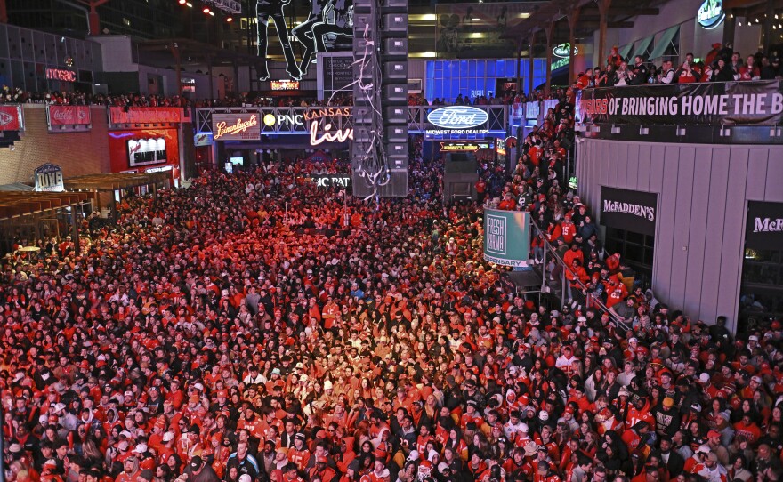 Kansas City Chiefs fans gather for a Super Bowl watch party in Kansas City, Mo., on Sunday. Viewership data show that <a href="https://www.npr.org/2024/02/13/1231058556/most-watched-super-bowl-2024">200 million people</a> saw at least some part of the game.