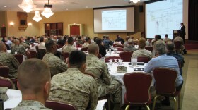Timothy Russell of the Marines' Northern Command describing the chain of command to Marines, Navy and civilian leaders before the Catastrophic Earthquake Tabletop Exercise at Camp Pendleton, March 2013.