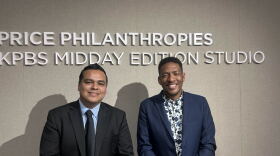 National City mayoral candidates and councilmembers Jose Rodriguez and Marcus Bush pose at KPBS' Midday Edition studio on October 26, 2026.