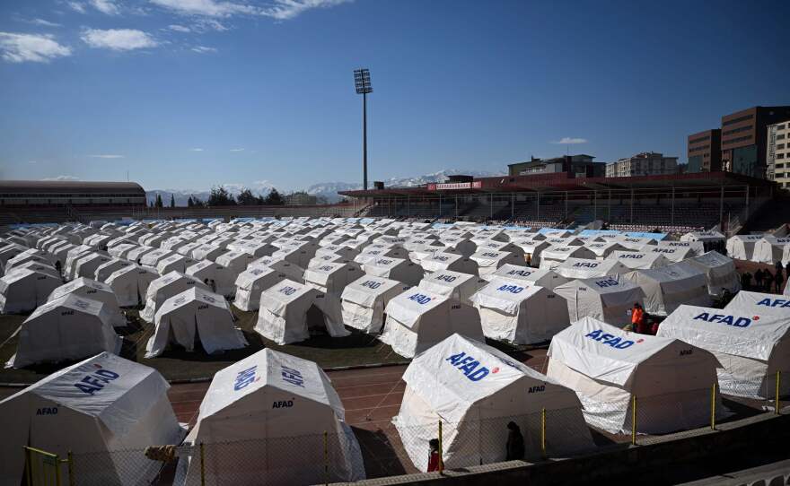 Tents are set up at a camp run by the Turkish government in Kahramanmaras on Wednesday, two days after a strong earthquake struck the region.