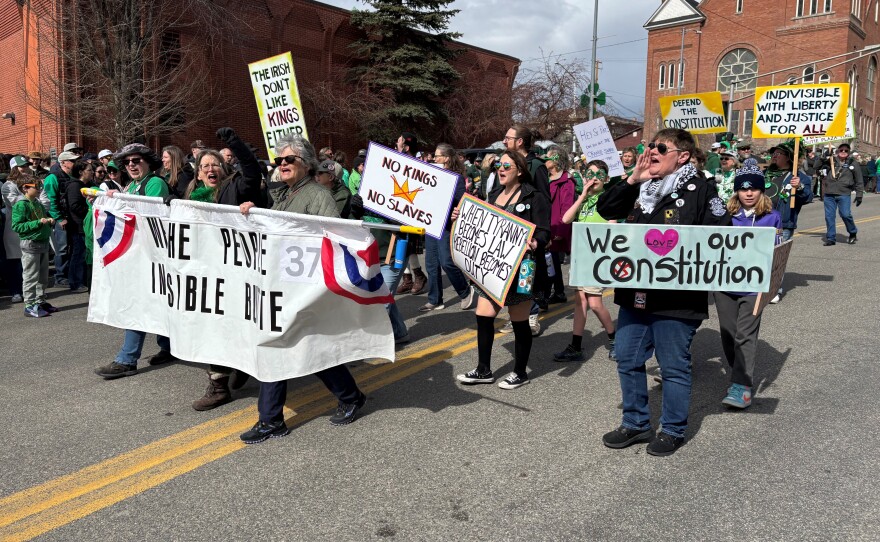 A political group marches in the St. Patrick's Day parade in Butte, Montana, March 17 2026