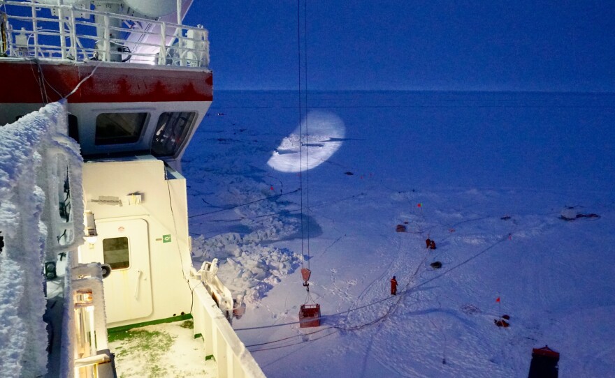 Ridges along the bow of the Polarstern formed after an opening in the ice closed and pressure mounted between different sections of the ice.