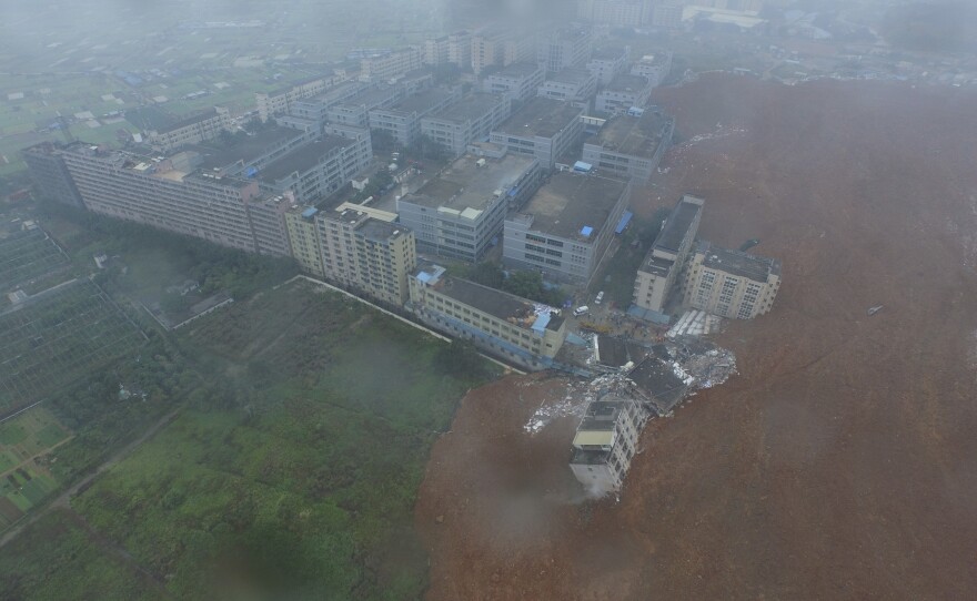 An aerial view shows the site of a landslide at an industrial park in Shenzhen, Guangdong province, China, on Sunday.