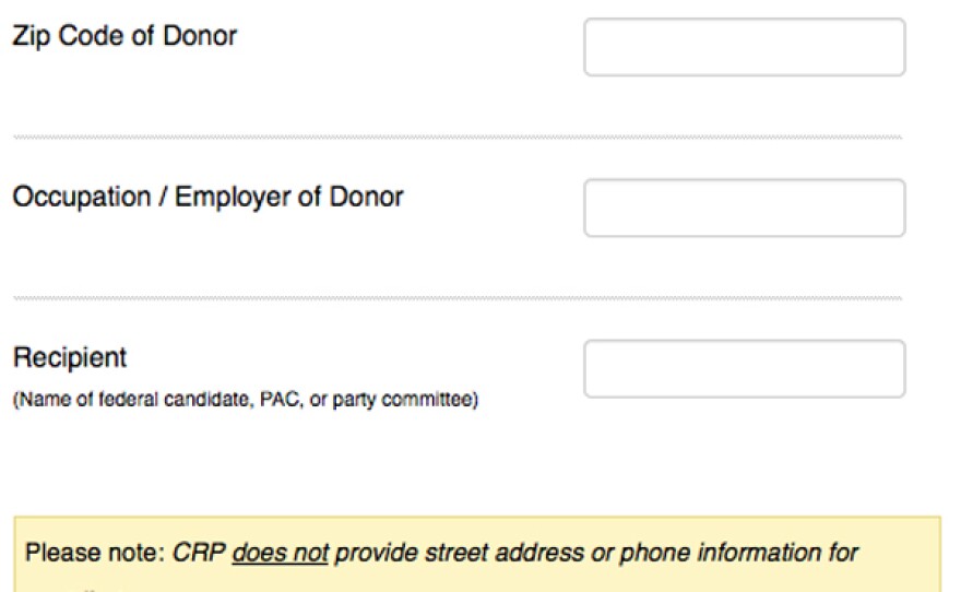 The "Donor Lookup" search fields on the OpenSecrets.gov website.
