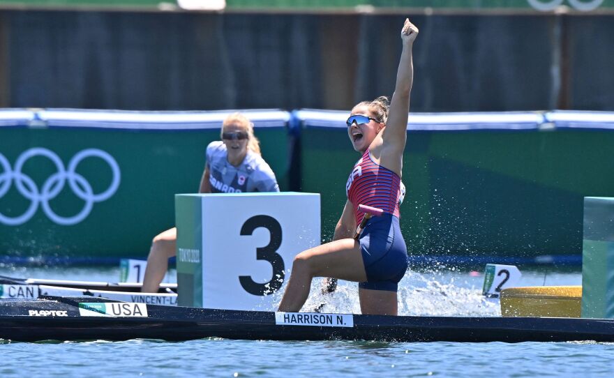 USA's Nevin Harrison celebrates after winning gold in the women's canoe single 200m final during the Tokyo 2020 Olympic Games at Sea Forest Waterway in Tokyo on Thursday.