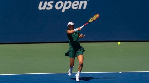 Tennis player Alyssa Ahn competes at the U.S. Open in New York City, Monday, Aug. 25, 2025.
