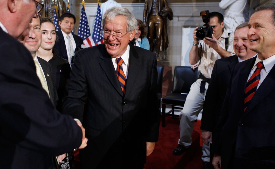 Former House Speaker Dennis Hastert of Illinois is congratulated by members of Congress during the unveiling of his portrait at the Capitol in 2009.