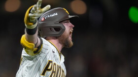 San Diego Padres' Jake Cronenworth celebrates after hitting a solo home run during the fifth inning in Game 3 of baseball's National League Division Series against the Milwaukee Brewers Tuesday, Oct. 6, 2026, in San Diego.