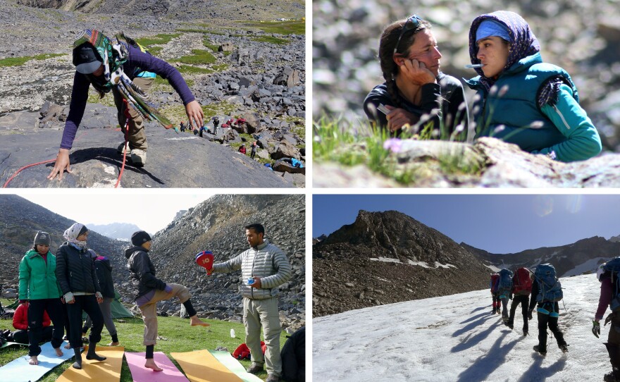 At top left, Soheila Hamidi climbs during a training day. At top right, Danika Gilbert takes the temperature of Yasameen Hassan. Gilbert kept careful track of how the girls and young women were doing physically. At bottom left, Afghan coach and guide Mohammed Azim holds a target for taekwando practice as Diba Azizi kicks. At bottom right, the team climbs a pocket glacier below Mir Samir.