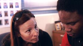 Black Rock High School principal, Vonda Viland speaks with student, Lee Bridges in a still from the documentary "The Bad Kids."