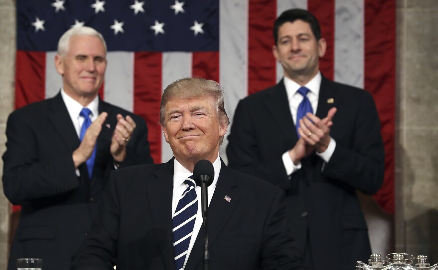 President Trump, flanked by Vice President Pence and House Speaker Paul Ryan, gave a joint address to Congress in February 2017, soon after his inauguration.