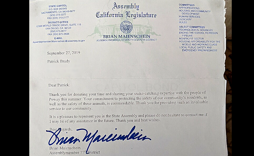 Letter from Assemblymember Brian Maienschein to Trapper Pat.