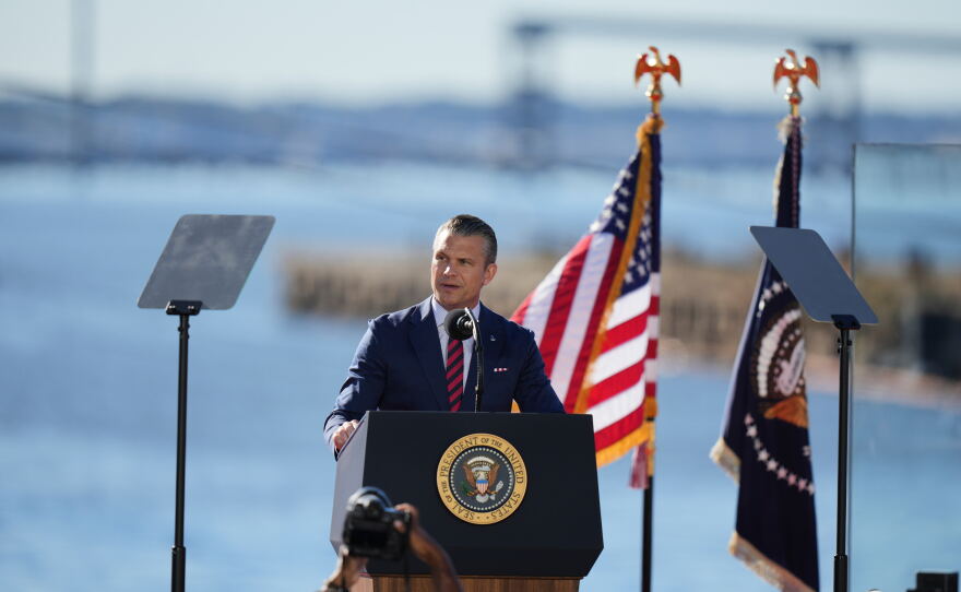 Defense Secretary Pete Hegseth speaks at a Maryland shipyard this week. His plan for livestreaming the execution of the Fort Hood shooter has been met with criticism and calls for reconsideration.