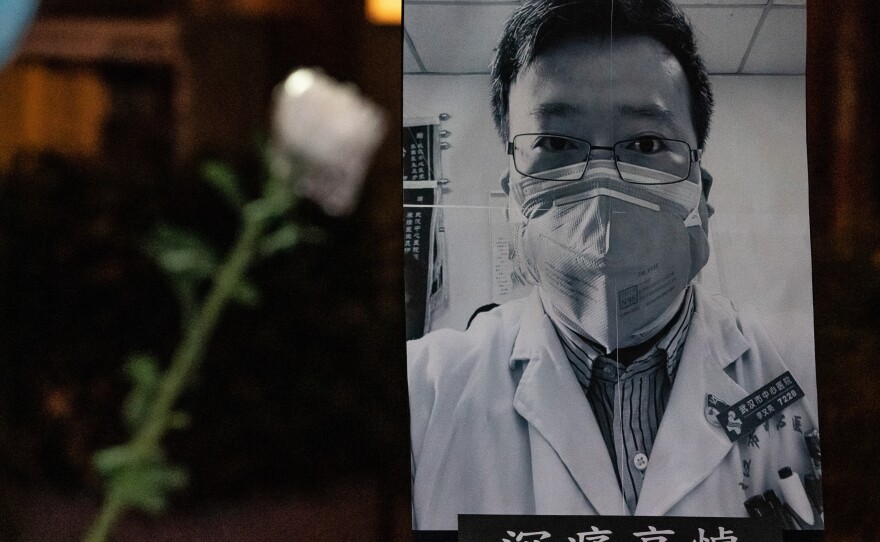 A memorial in Hong Kong for Li Wenliang — an ophthalmologist at Wuhan Central Hospital and a whistleblower who was hailed for hailed for his efforts to alert the medical profession to the new virus. He was summoned by police and admonished for making what they deemed to be false comments on the internet. He died on Feb. 7, 2020 after contracting the virus.