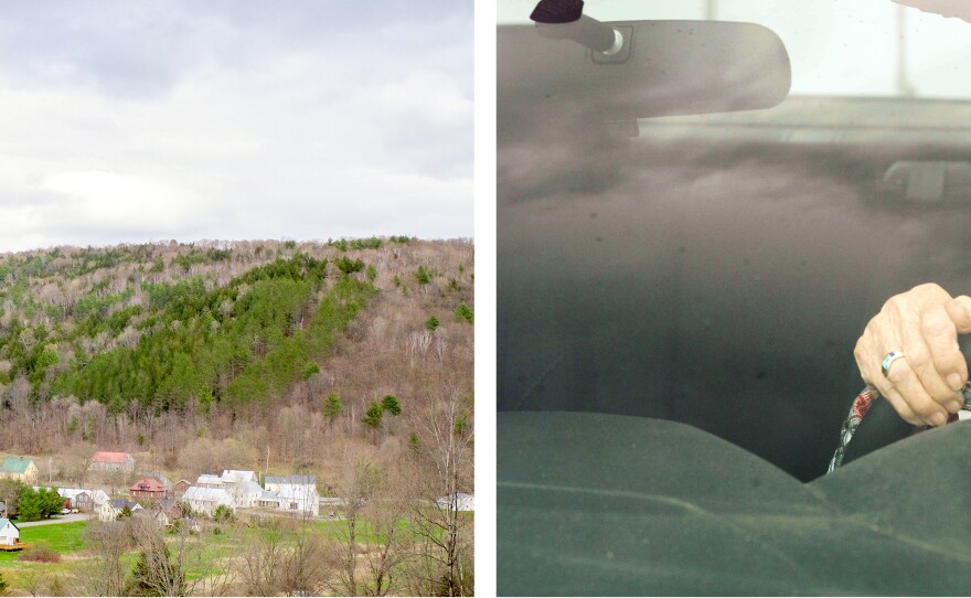 Left: The Suicide Six ski area is located in South Pomfret, in the Upper Valley region of Vermont. Right: 96-year-old Sarah Foss regularly travels the area in her red Ford.